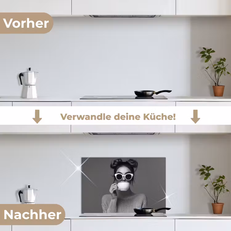 Vrouw - Koffie - Zwart - Wit keuken achterwand spatscherm klein -voor_na_DE