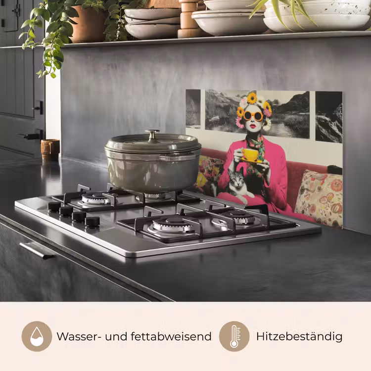 Vrouw - Kat - Bloemen - Kopje - Retro keuken achterwand spatscherm klein -usp_DE