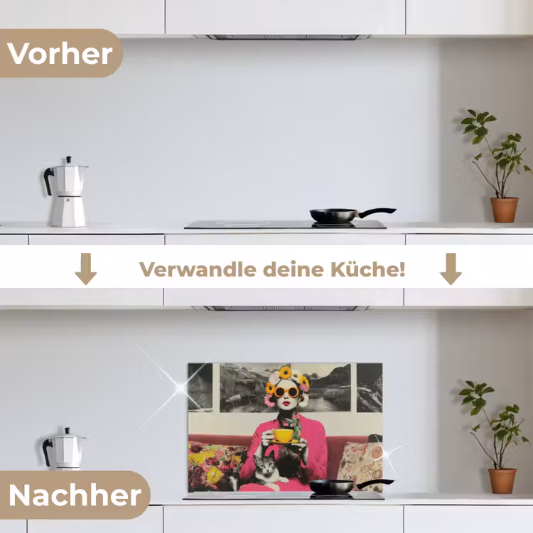 Vrouw - Kat - Bloemen - Kopje - Retro keuken achterwand spatscherm klein -voor_na_DE
