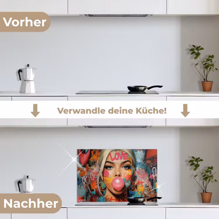 Vrouw - Kauwgom - Graffiti - Love keuken achterwand spatscherm klein -voor_na_DE