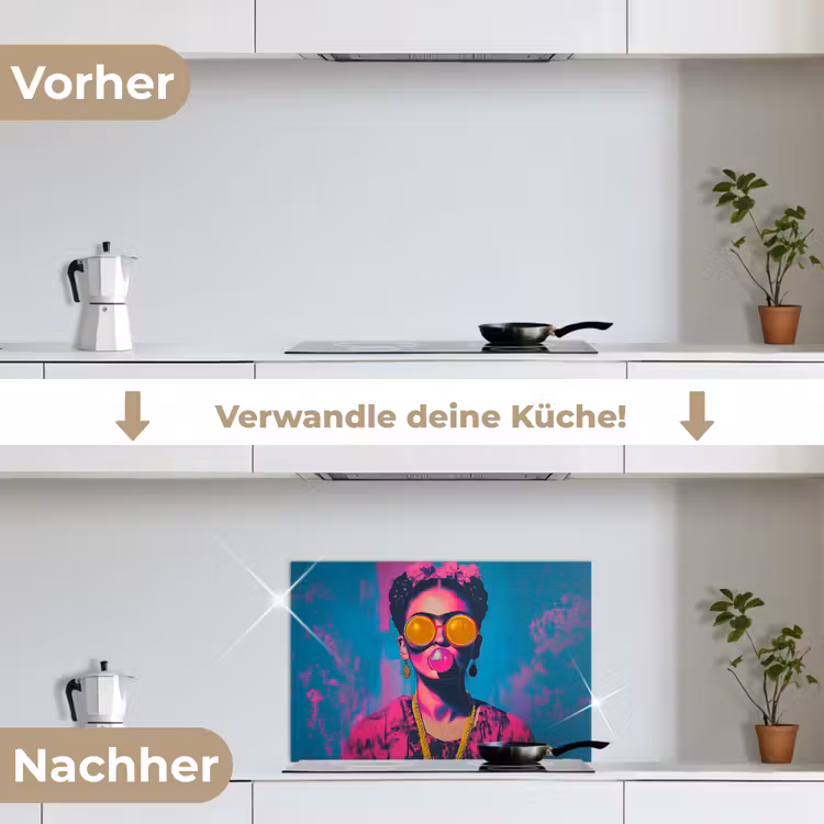 Vrouw - Kauwgom - Zonnebril - Oranje keuken achterwand spatscherm klein -voor_na_DE