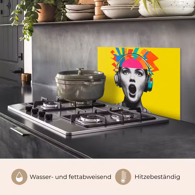 Vrouw - Koptelefoon - Geel keuken achterwand spatscherm klein -usp_DE