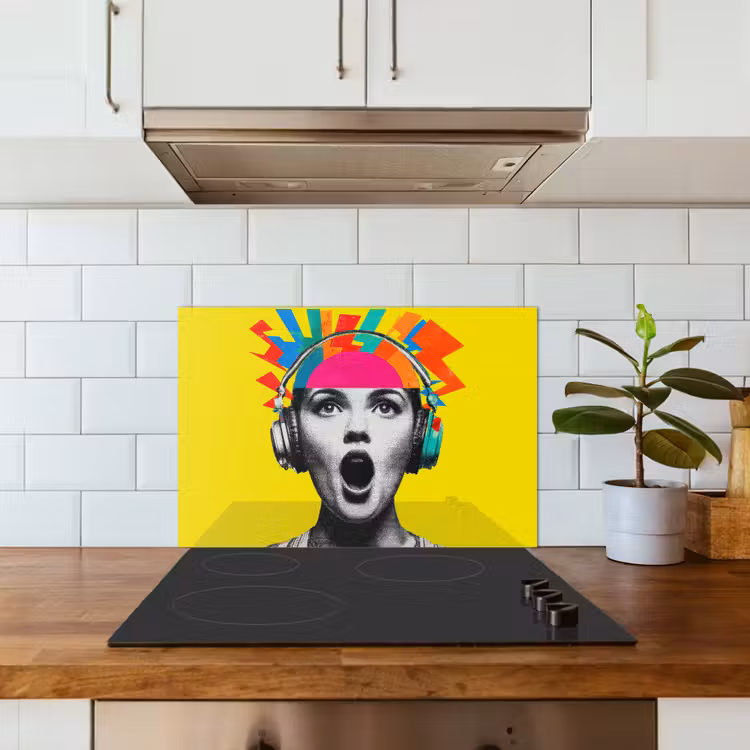 Vrouw - Koptelefoon - Geel keuken achterwand spatscherm klein -sfeer2