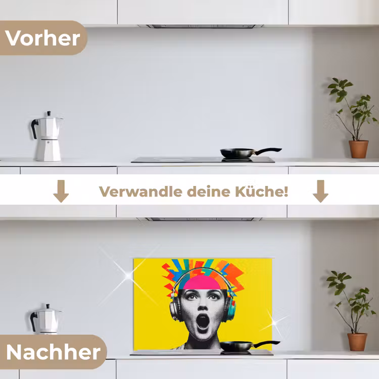 Vrouw - Koptelefoon - Geel keuken achterwand spatscherm klein -voor_na_DE