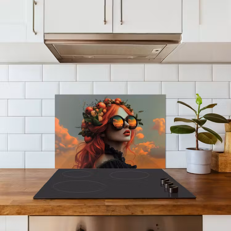 Vrouw - Kroon - Tomaat - Bascilicum - Zonnebril keuken achterwand spatscherm klein -sfeer2