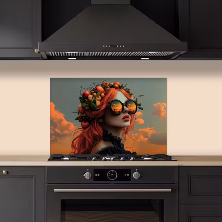 Vrouw - Kroon - Tomaat - Bascilicum - Zonnebril keuken achterwand spatscherm klein -sfeer1