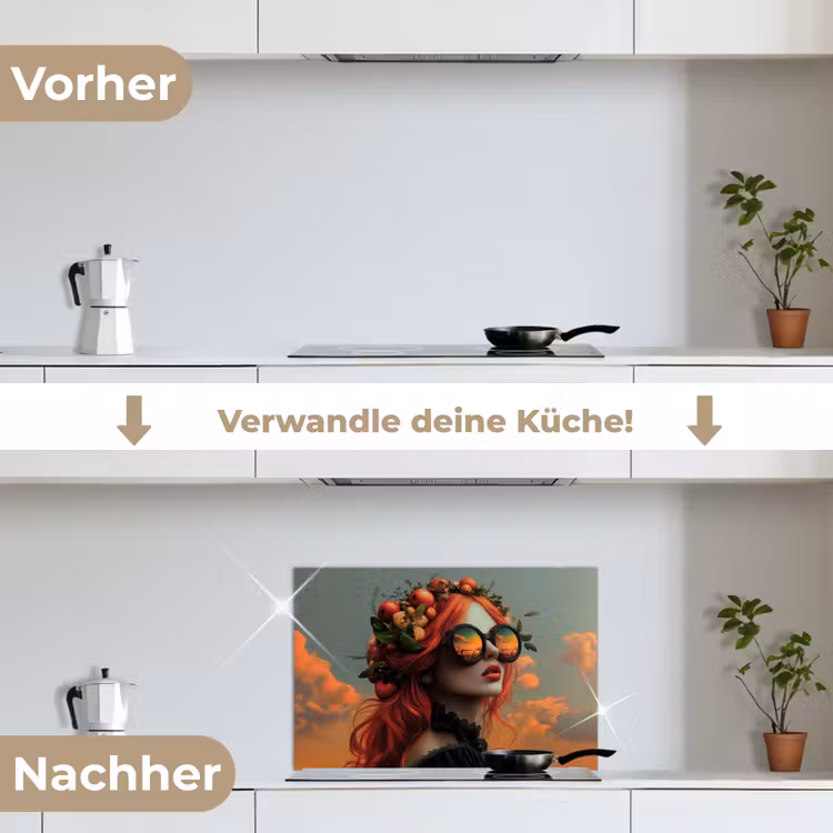 Vrouw - Kroon - Tomaat - Bascilicum - Zonnebril keuken achterwand spatscherm klein -voor_na_DE