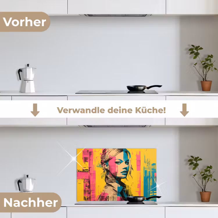 Vrouw - Verfstrepen - Gekleurd keuken achterwand spatscherm klein -voor_na_DE