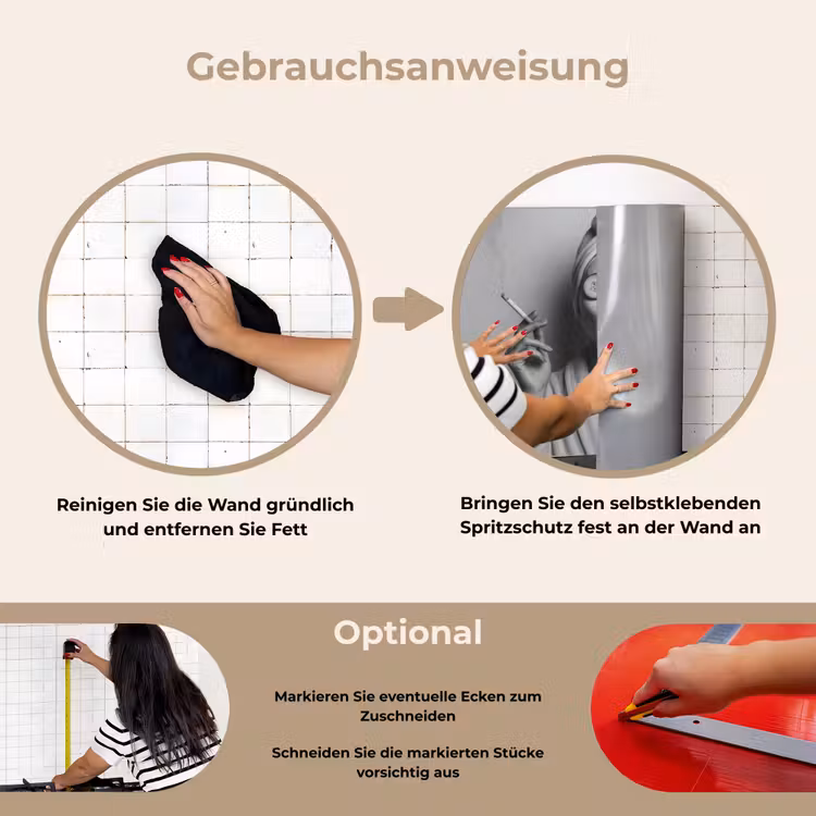 Vrouw - Masker - Wijn - Sigaret keuken achterwand spatscherm klein -gebruiksaanwijzing_DE
