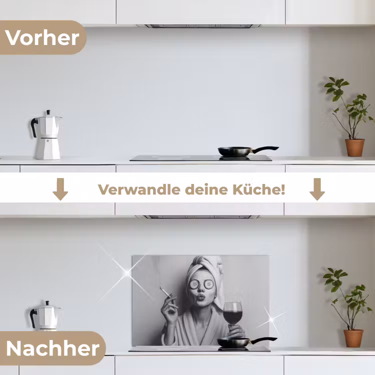 Vrouw - Masker - Wijn - Sigaret keuken achterwand spatscherm klein -voor_na_DE