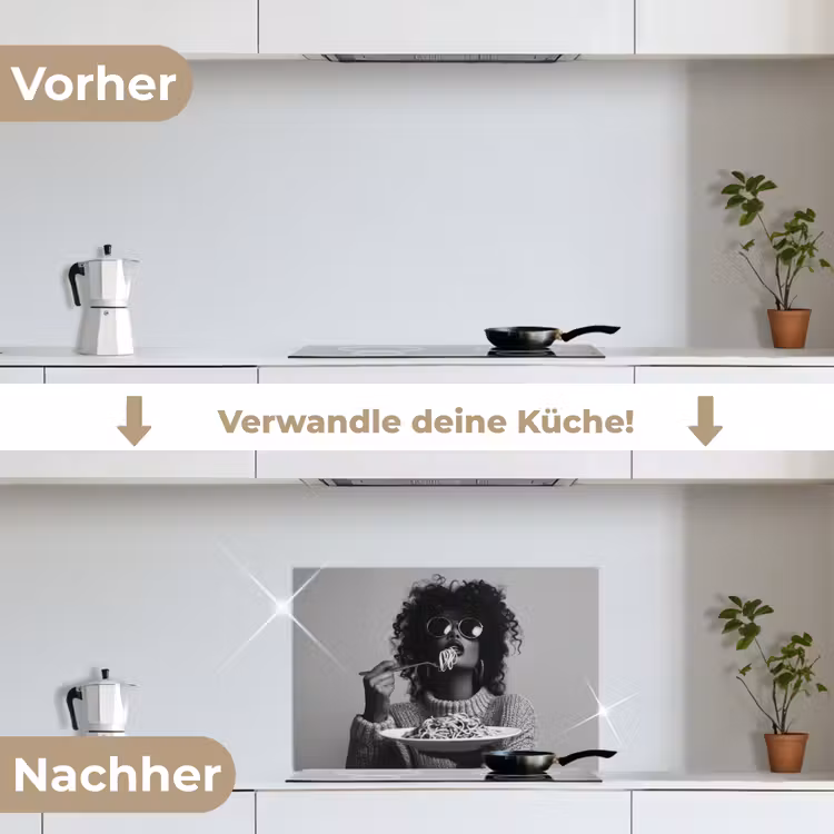 Vrouw - Pasta - Zwart - Wit keuken achterwand spatscherm klein -voor_na_DE