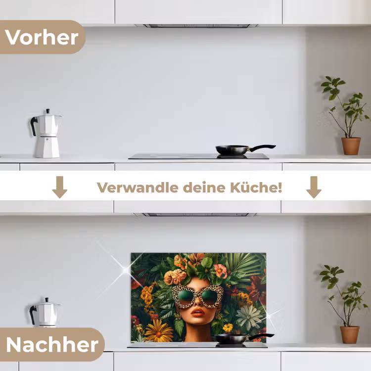 Vrouw - Panterprint - Jungle - Natuur - Luxe keuken achterwand spatscherm klein -voor_na_DE