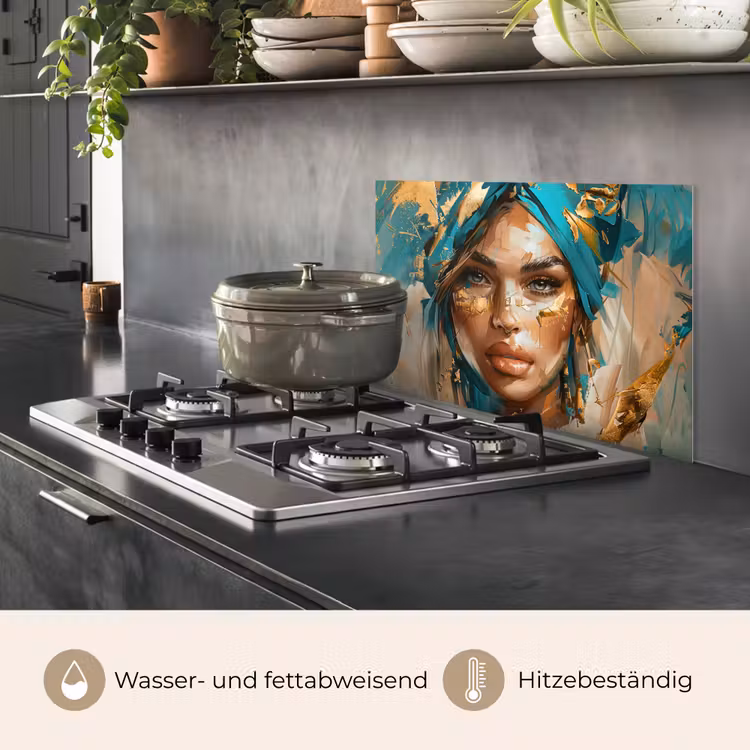 Vrouw - Portret - Goud - Luxe - Blauw keuken achterwand spatscherm klein -usp_DE