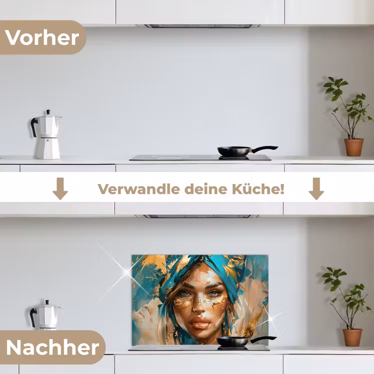Vrouw - Portret - Goud - Luxe - Blauw keuken achterwand spatscherm klein -voor_na_DE