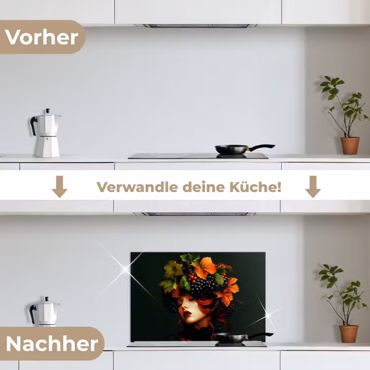 Vrouw - Rood - Groen - Druiven keuken achterwand spatscherm klein -voor_na_DE