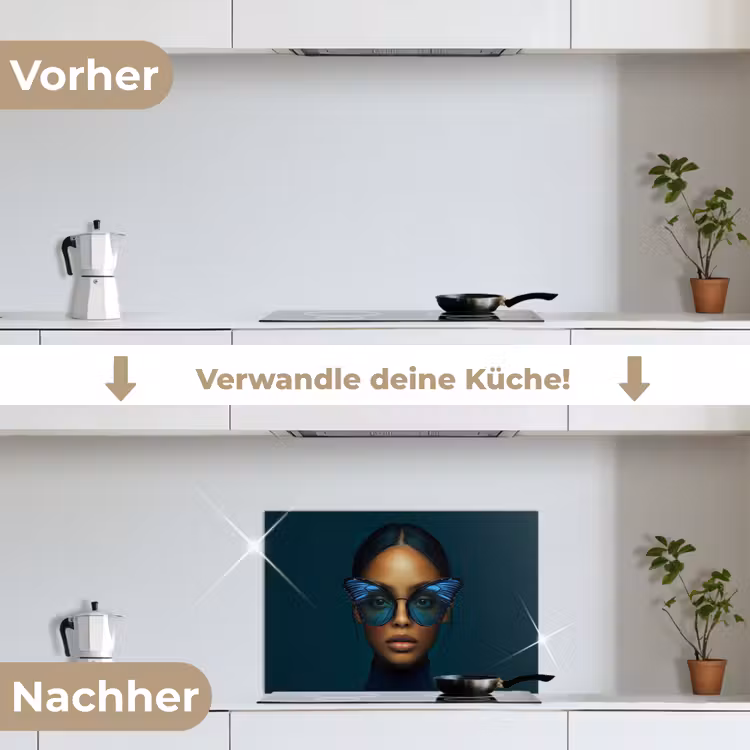 Vrouw - Vlinder - Bril - Blauw - Modern - Portret keuken achterwand spatscherm klein -voor_na_DE