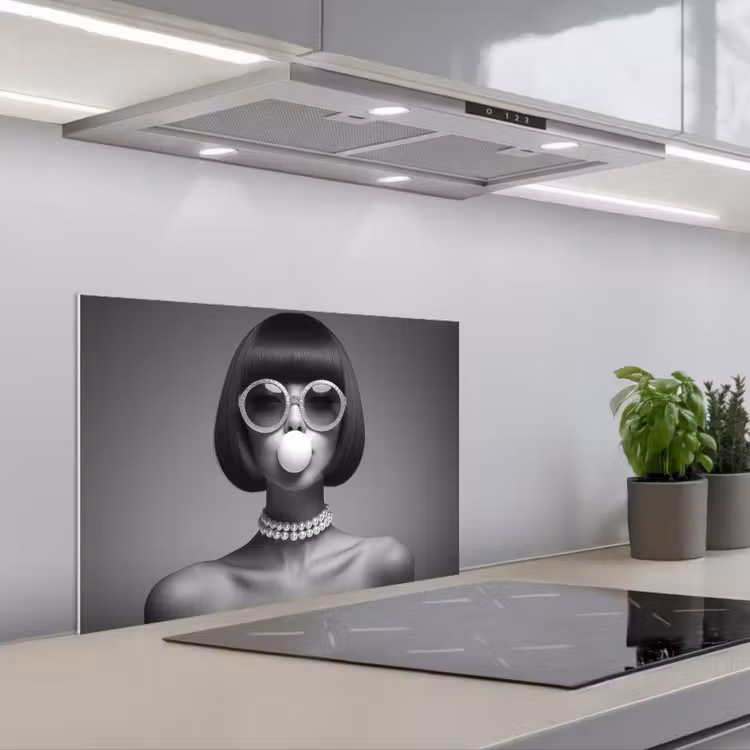 Vrouw - Zwart Wit - Ketting - Zonnebril keuken achterwand spatscherm klein -3d_schuin