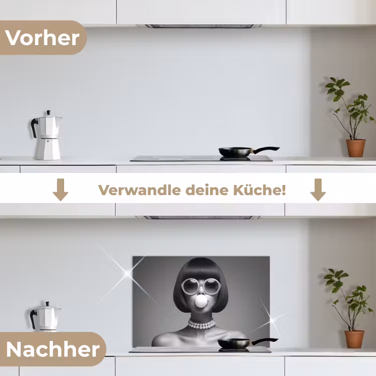 Vrouw - Zwart Wit - Ketting - Zonnebril keuken achterwand spatscherm klein -voor_na_DE