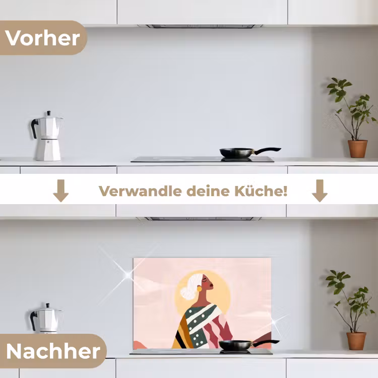 Vrouw - Zon - Kleurrijk keuken achterwand spatscherm klein -voor_na_DE