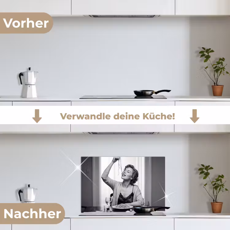 Vrouw - Spaghetti - Zwart - Wit keuken achterwand spatscherm klein -voor_na_DE
