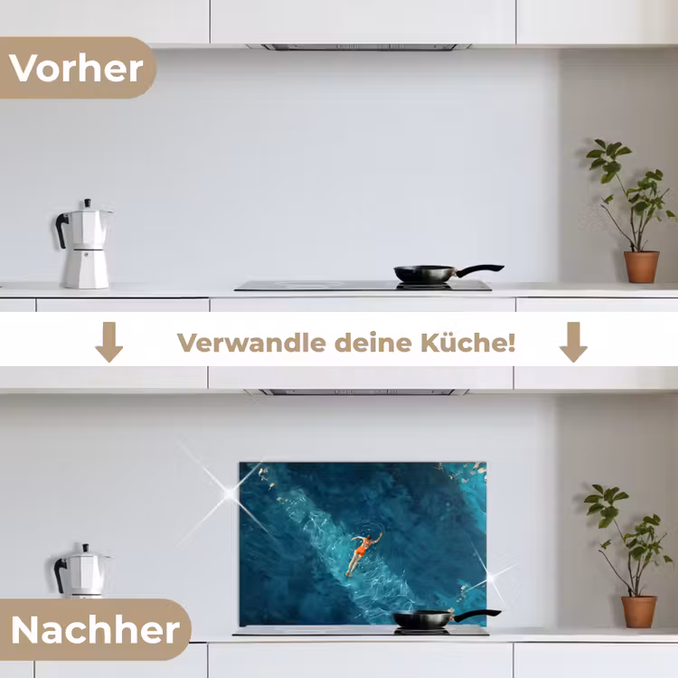 Vrouw - Water - Bikini - Oranje keuken achterwand spatscherm klein -voor_na_DE