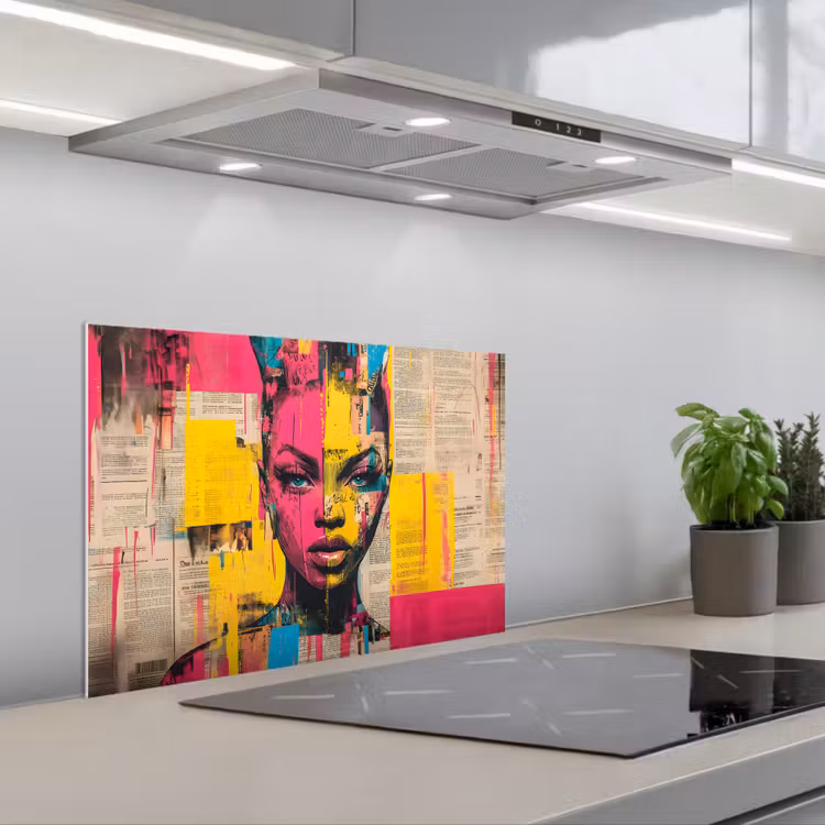 Vrouwengezicht - Krantenpapier - Abstract - Roze keuken achterwand spatscherm klein -3d_schuin