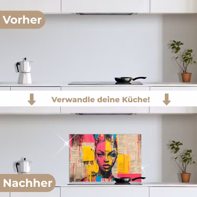 Vrouwengezicht - Krantenpapier - Abstract - Roze keuken achterwand spatscherm klein -voor_na_DE