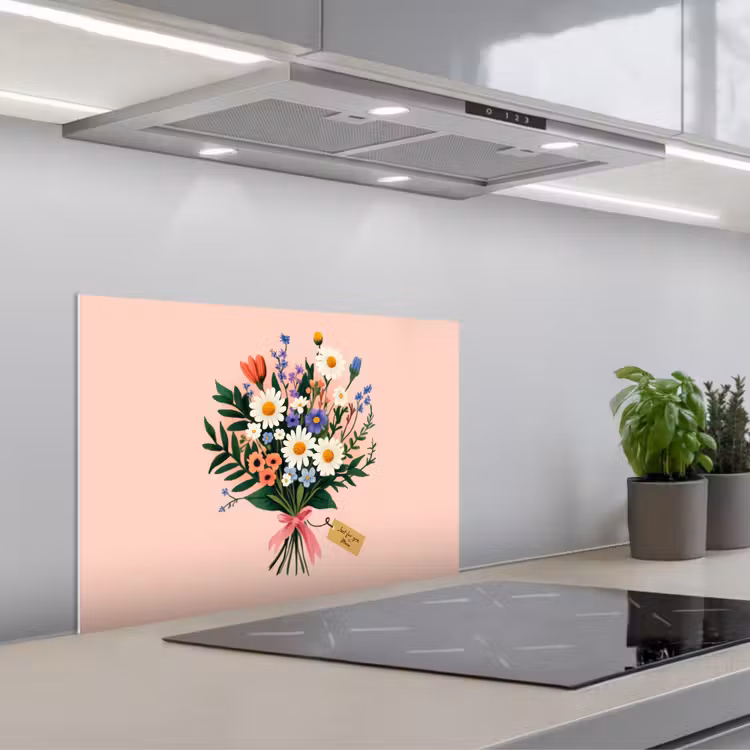 Margrieten - Boeket - Strikje - Roze keuken achterwand spatscherm klein -3d_schuin