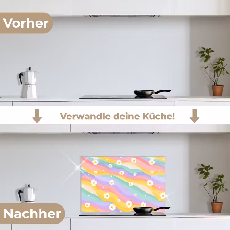 Madeliefjes - Kleurrijk - Pastel keuken achterwand spatscherm klein -voor_na_DE