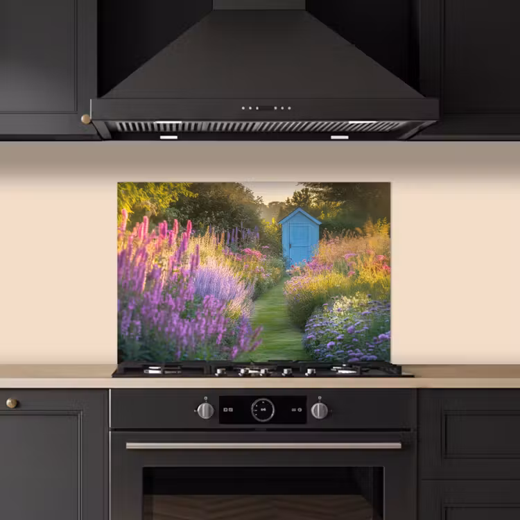Tuinhuisje - Blauw - Bloemen keuken achterwand spatscherm klein -sfeer1