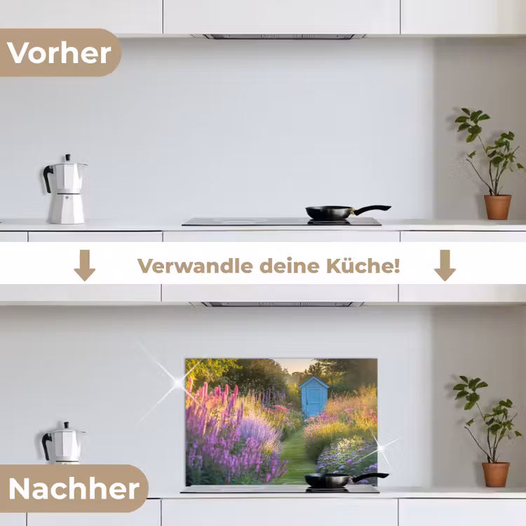 Tuinhuisje - Blauw - Bloemen keuken achterwand spatscherm klein -voor_na_DE