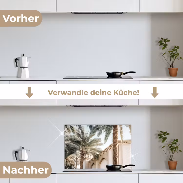 Gebouw - Palmbomen - Beige - Zon keuken achterwand spatscherm klein -voor_na_DE