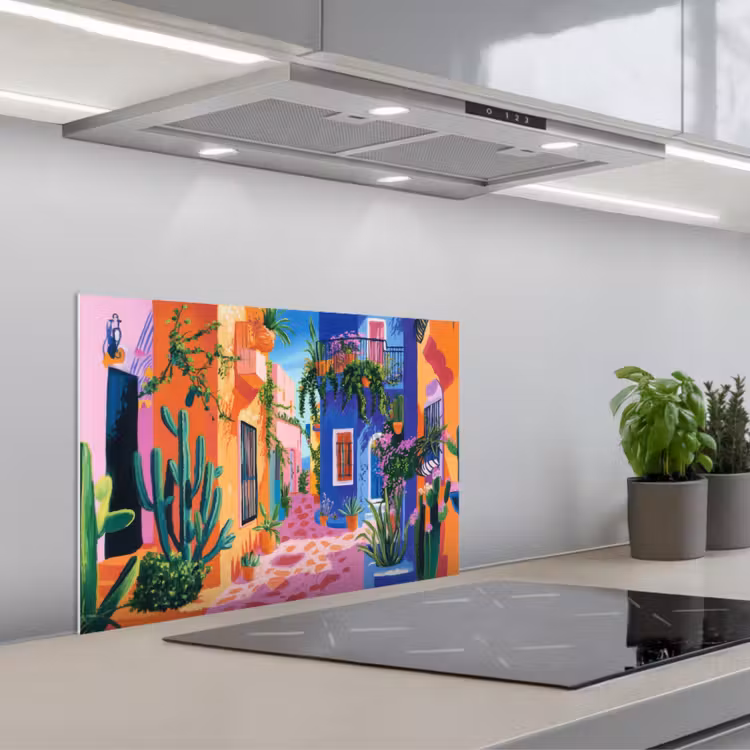 Geel - Blauw - Oranje - Huis keuken achterwand spatscherm klein -3d_schuin