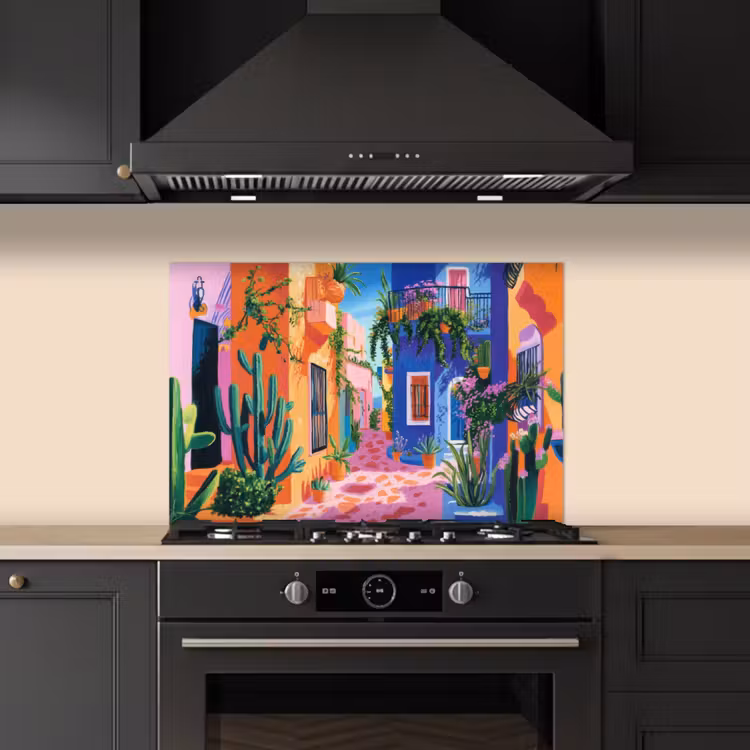 Geel - Blauw - Oranje - Huis keuken achterwand spatscherm klein -sfeer1