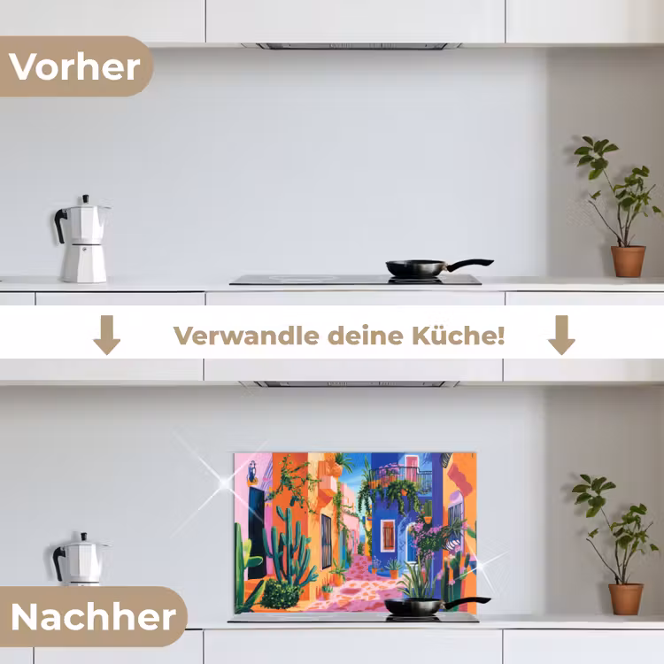 Geel - Blauw - Oranje - Huis keuken achterwand spatscherm klein -voor_na_DE