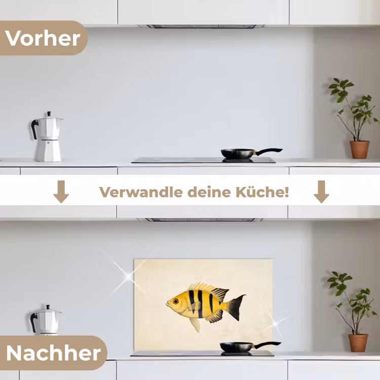 Geel - Vis - Strepen - Tropisch keuken achterwand spatscherm klein -voor_na_DE