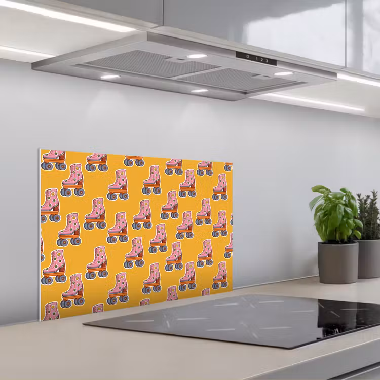 Geel - Rolschaatsen - Patroon keuken achterwand spatscherm klein 900 -3d_schuin