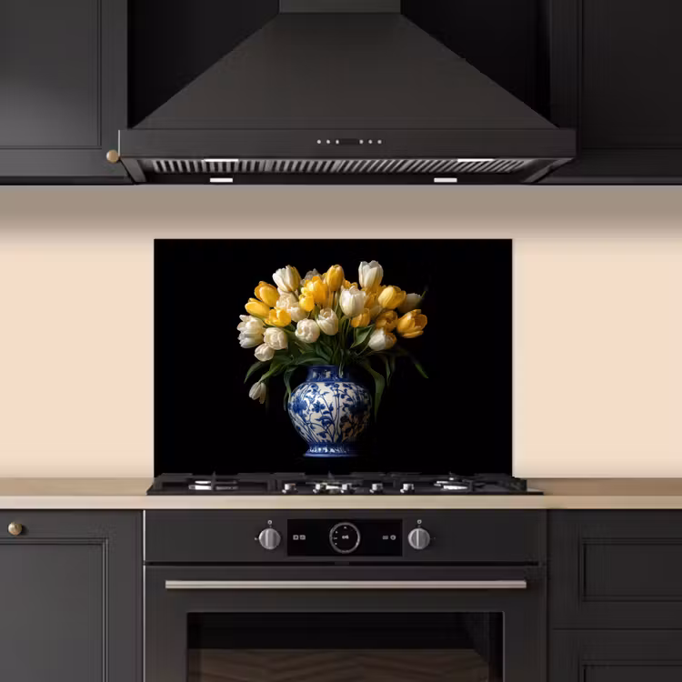 Geel - Tulpen - Vaas - Bloemen keuken achterwand spatscherm klein -sfeer1