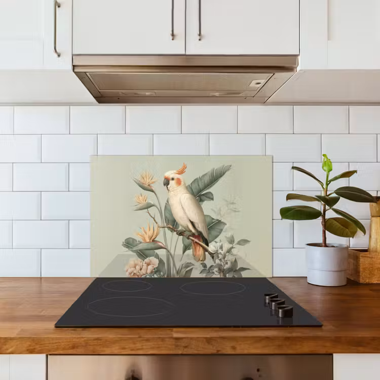 Gele kuifkaketoe - paradijsvogelbloemen - Groen keuken achterwand spatscherm klein -sfeer2