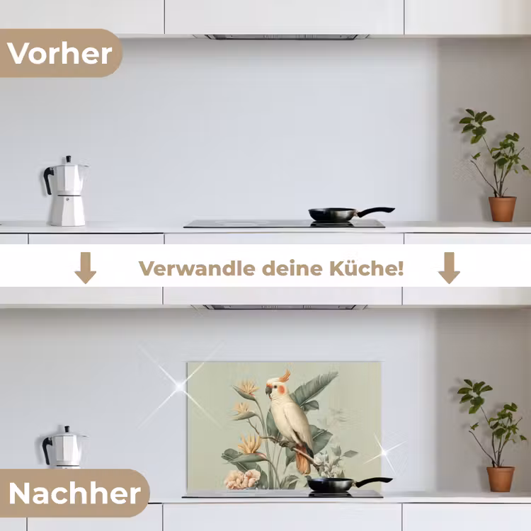 Gele kuifkaketoe - paradijsvogelbloemen - Groen keuken achterwand spatscherm klein -voor_na_DE