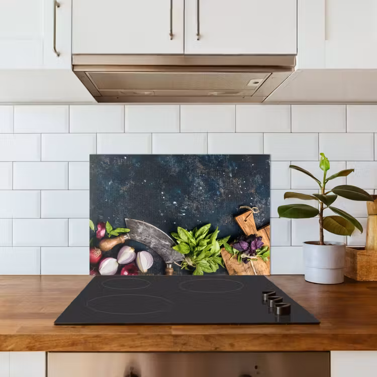 Groente - Kruiden - Wiegemes - Ui - Specerijen - Rustiek keuken achterwand spatscherm klein -sfeer2