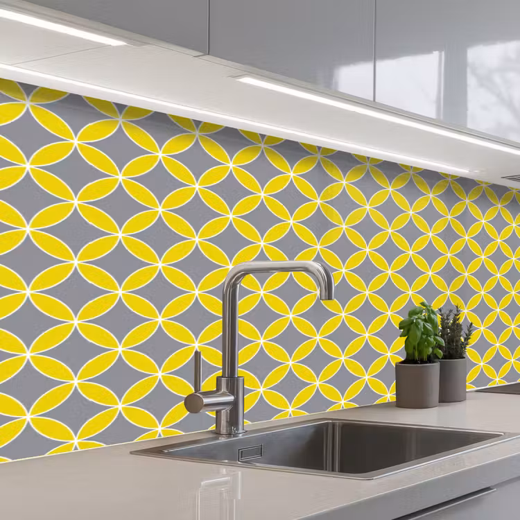 Geometrisch - Cirkels - Modern - Grijs - Geel keuken achterwand 2 middel 871 -3d_schuin