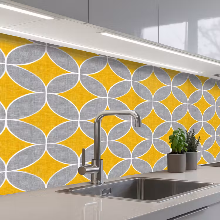 Geometrisch - Cirkels - Textuur - Grijs - Geel keuken achterwand 2 middel 871 -3d_schuin