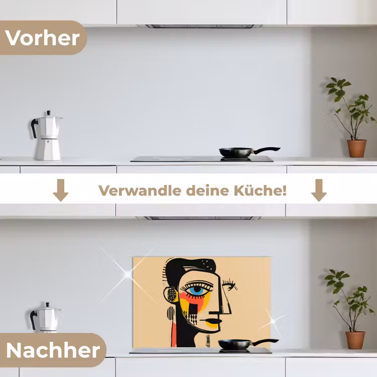 Geometrisch - Felle kleuren - Kubistische stijl keuken achterwand spatscherm klein -voor_na_DE