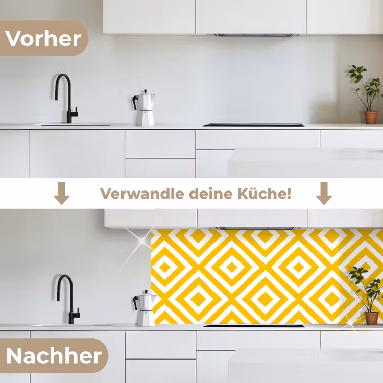 Geometrisch - Lijnen - Modern - Geel - Wit keuken achterwand 2 middel 871 -voor-na_DE