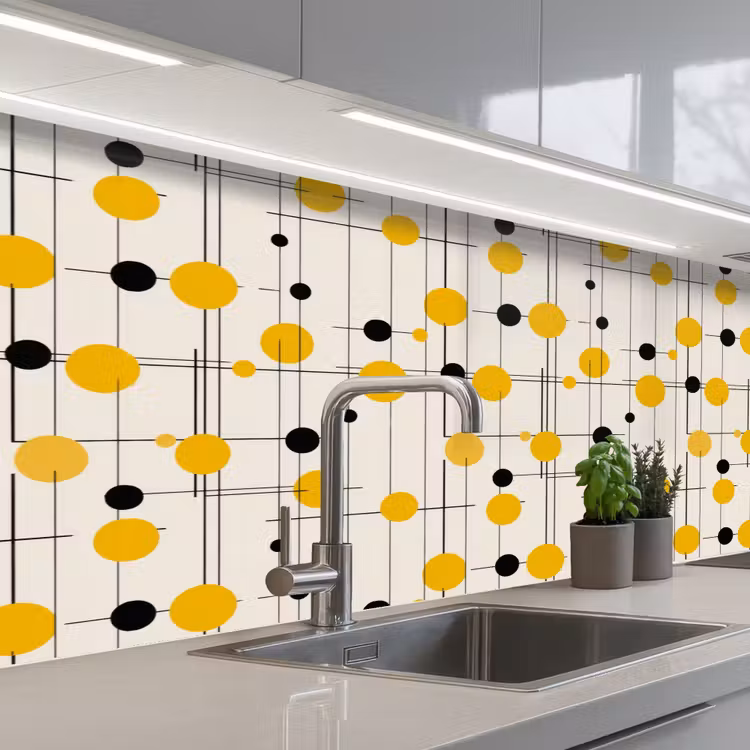 Geometrisch - Retro - Lijnen - Okergeel - Zwart keuken achterwand 2 middel 871 -3d_schuin