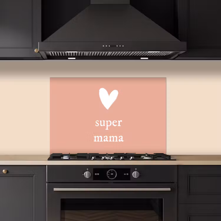 Presentje voor Moederdag super mama lichtroze/wit keuken achterwand spatscherm klein -sfeer1