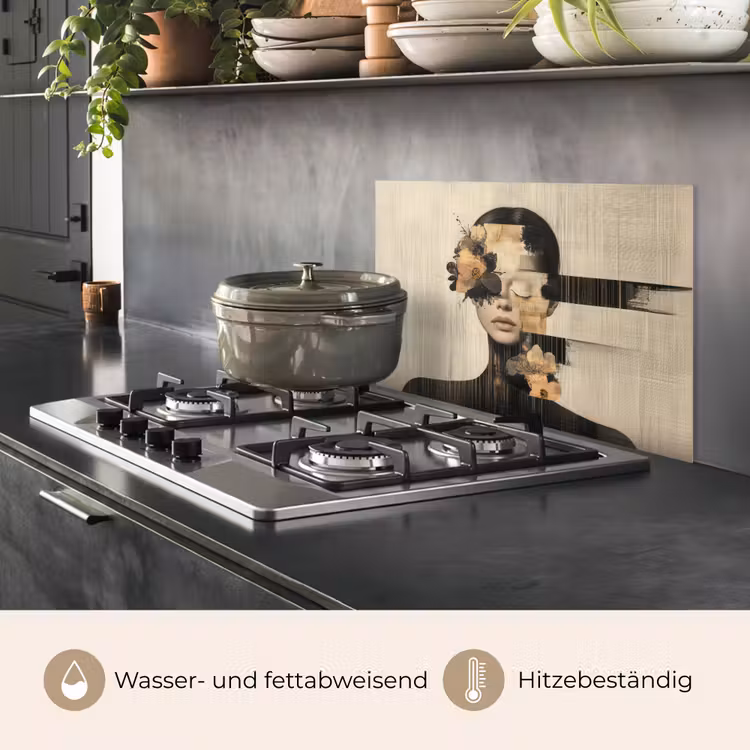 Gezicht - Bloemen - Zwart - Vrouw keuken achterwand spatscherm klein -usp_DE