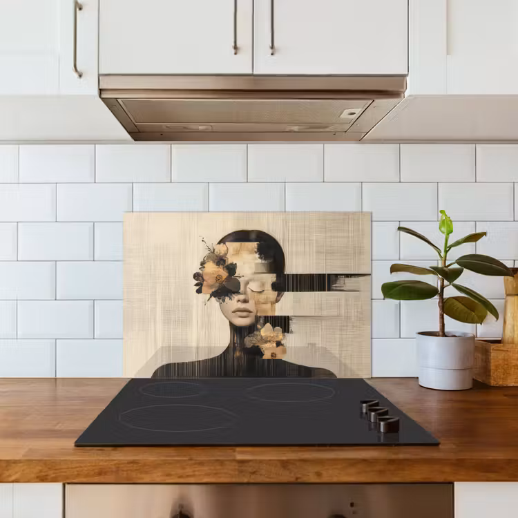 Gezicht - Bloemen - Zwart - Vrouw keuken achterwand spatscherm klein -sfeer2