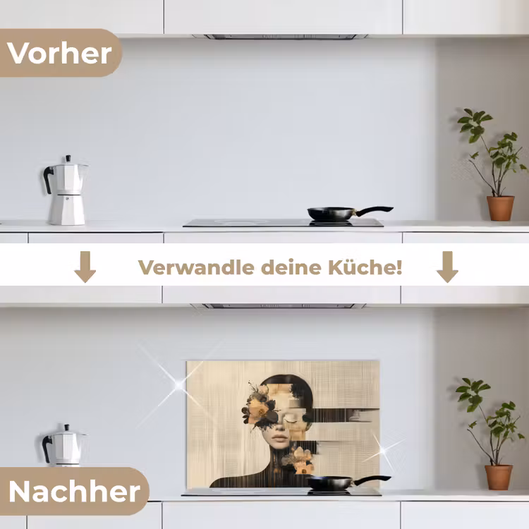 Gezicht - Bloemen - Zwart - Vrouw keuken achterwand spatscherm klein -voor_na_DE
